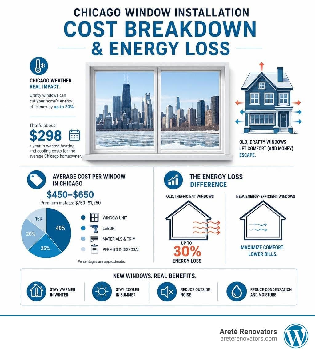 Chicago window installation cost breakdown and energy loss infographic infographic