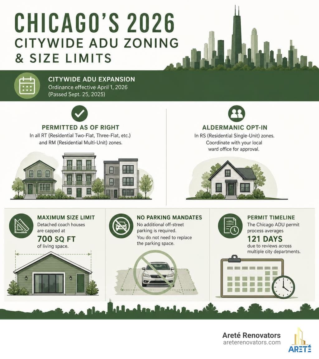 Infographic detailing Chicago's 2026 citywide ADU zoning and size limits infographic