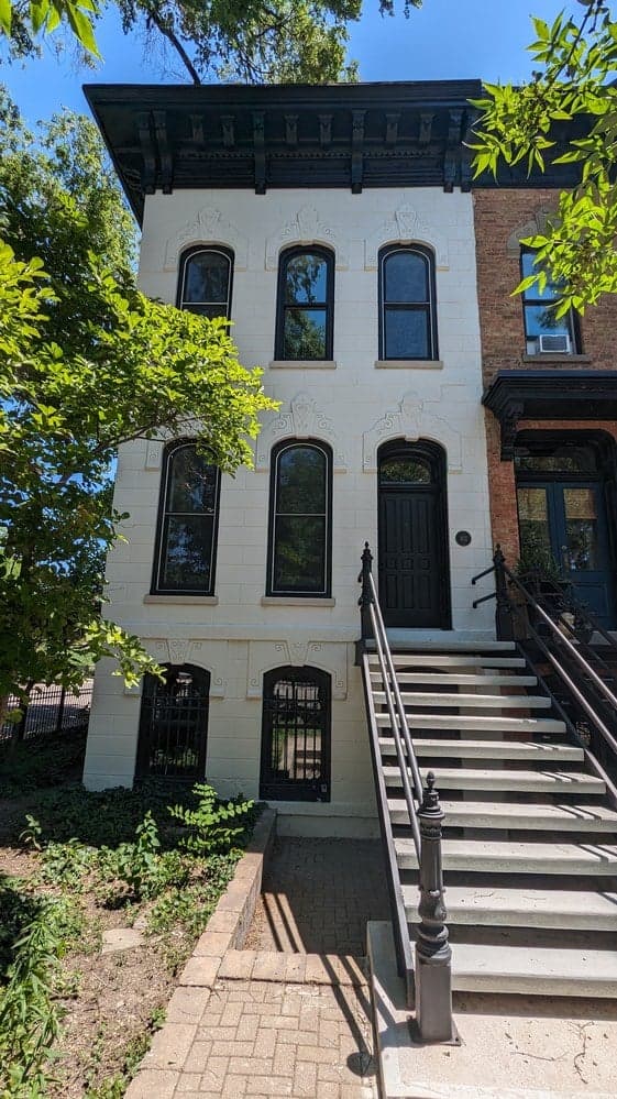 Chicago Greystone Rowhouse Exterior - White Paint with Black Tri