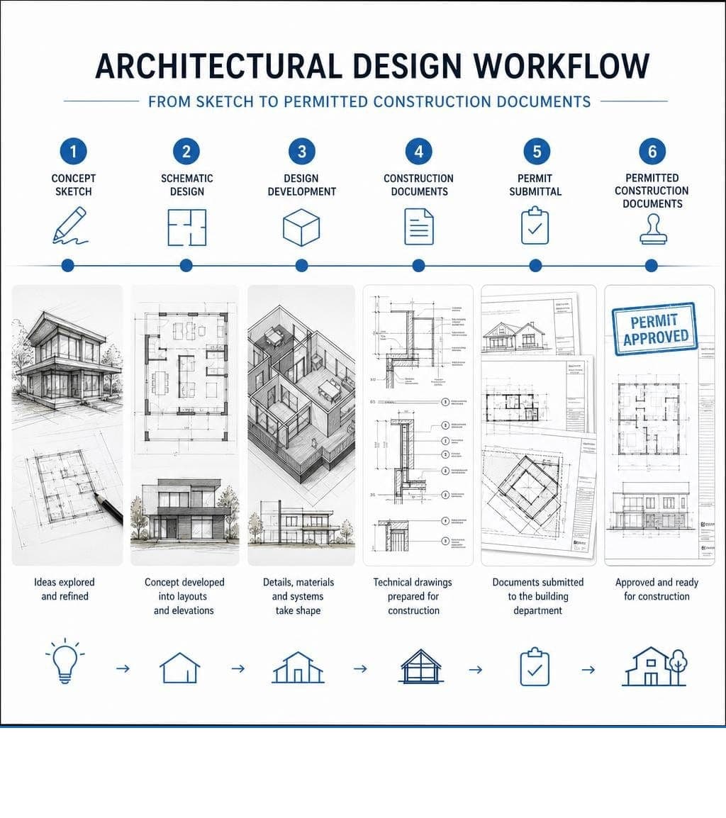 Architectural design workflow from sketch to permitted construction documents infographic