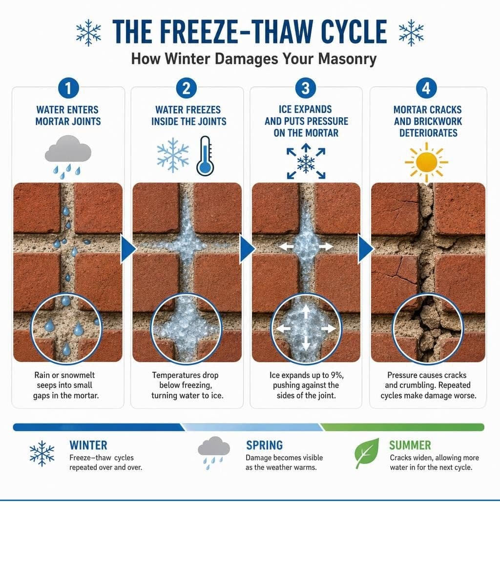 Freeze-thaw cycle showing water entering mortar joints, freezing, expanding, and cracking masonry over winter infographic