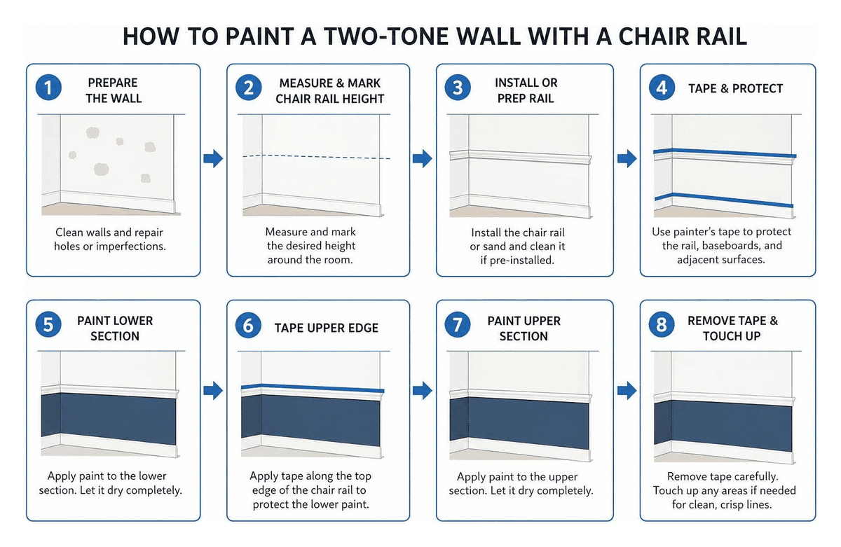 diagram mapping the step by step process of painting a two tone wall with a chair rail