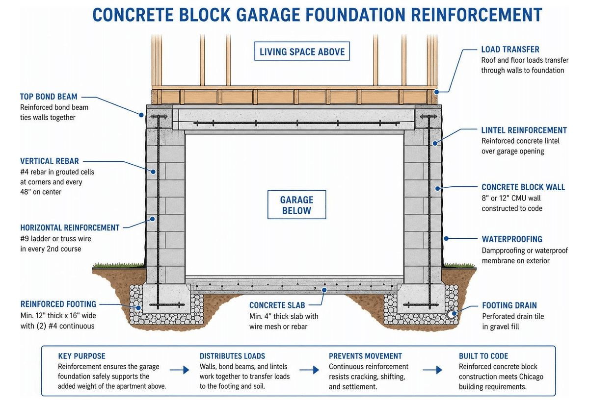 Concrete block garage foundation structural reinforcement diagram