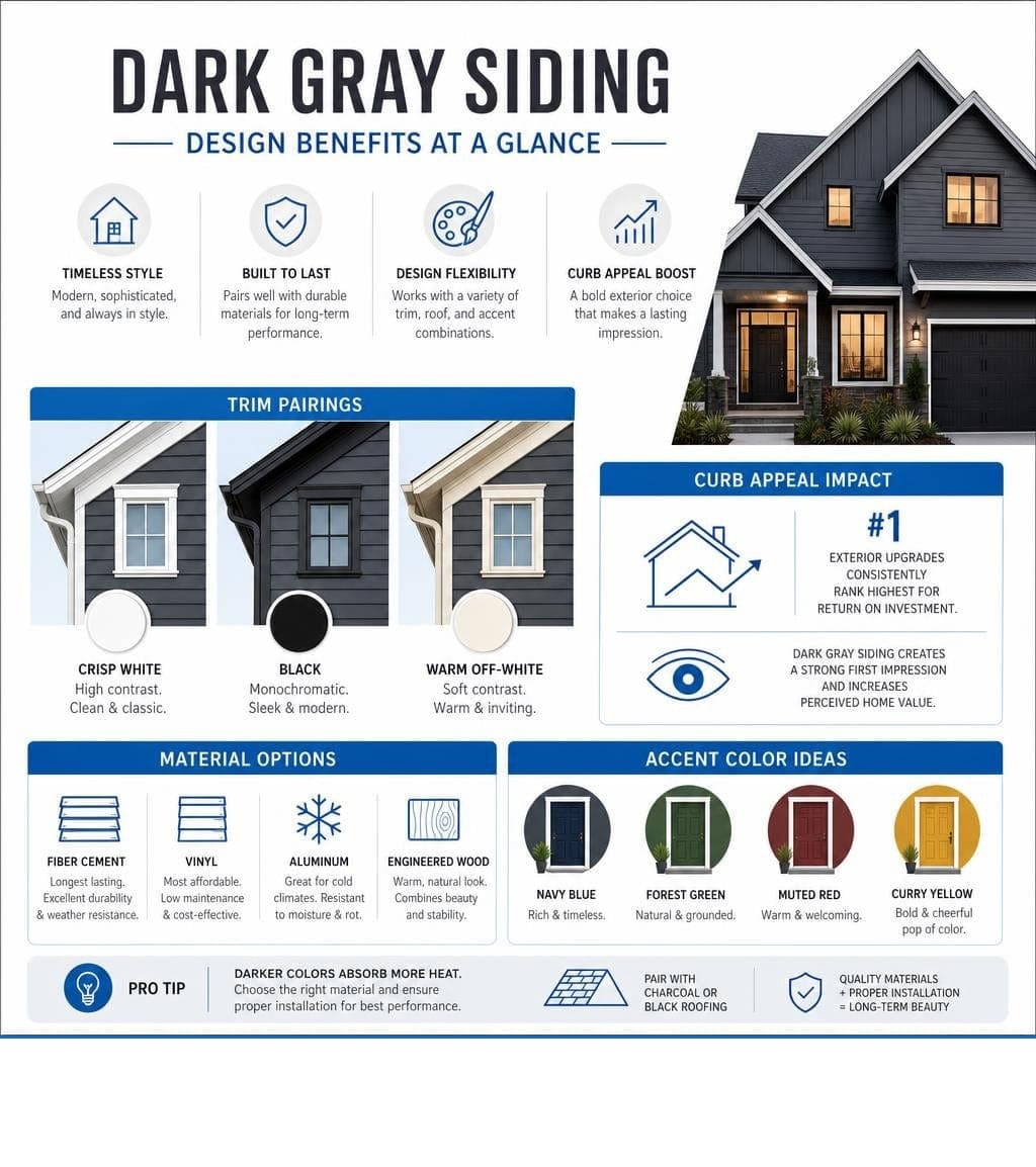 dark gray siding design benefits infographic showing trim pairings, material options, and curb appeal stats infographic