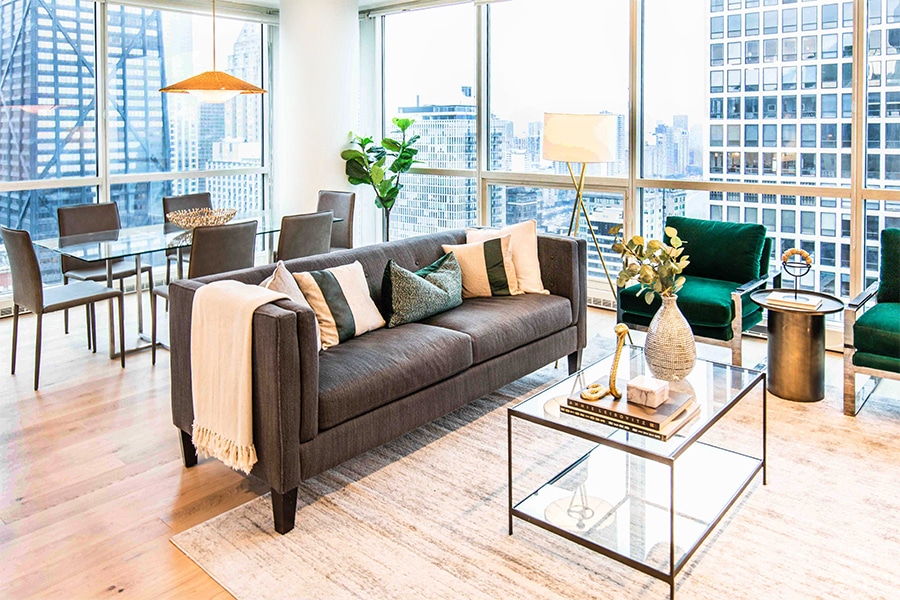High-rise living room with a view of the Chicago skyline